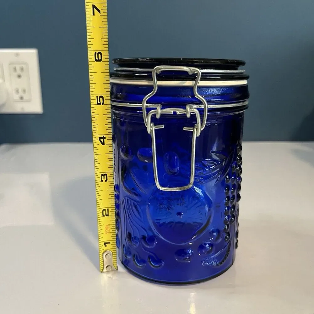 Vtg Cobalt Blue Glass Canister Jar Set (2) Hinged Wire Bail 6” Fruit Design READ